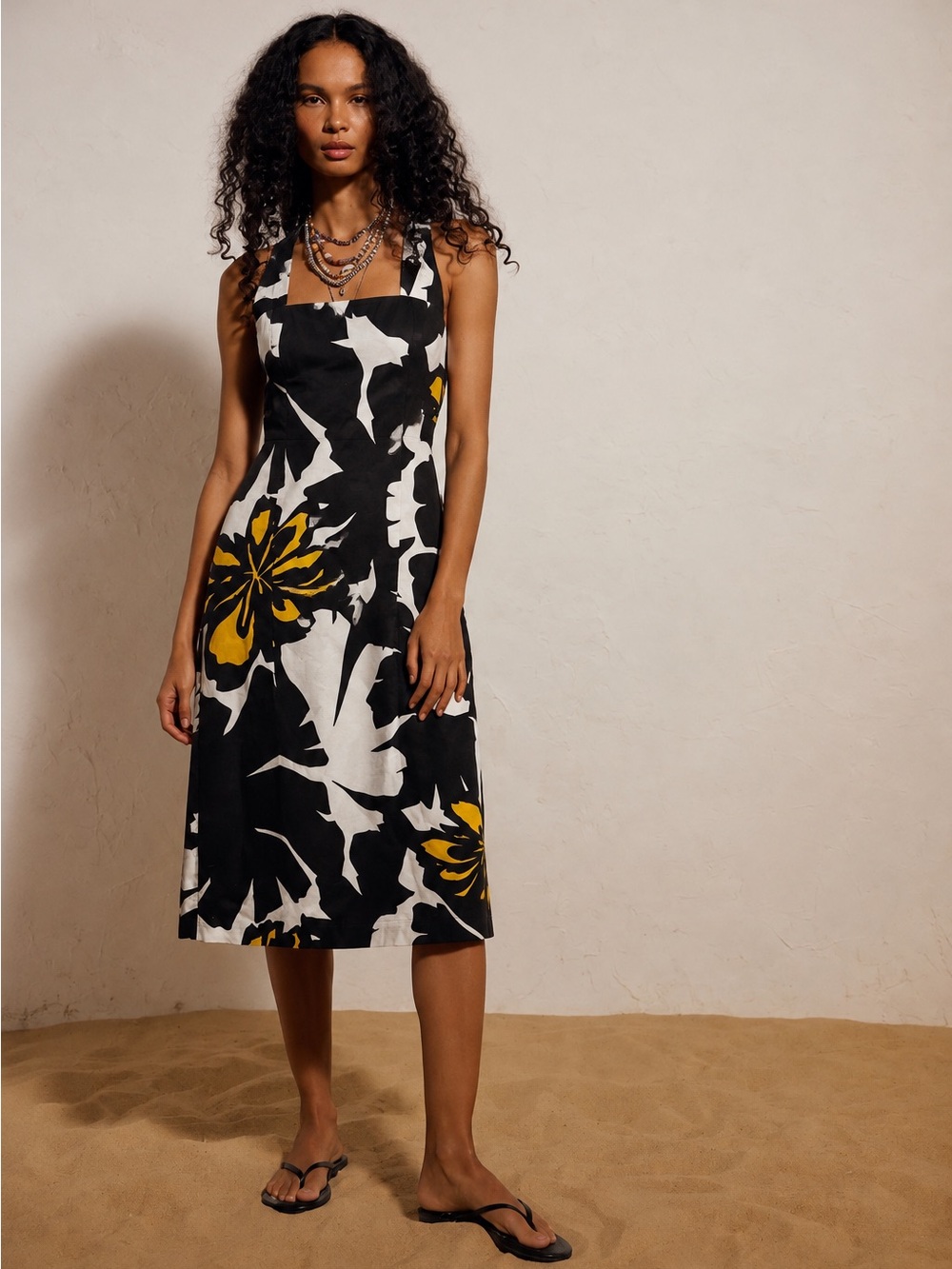 183. Floral Midi Dress in Black, White & Mustard